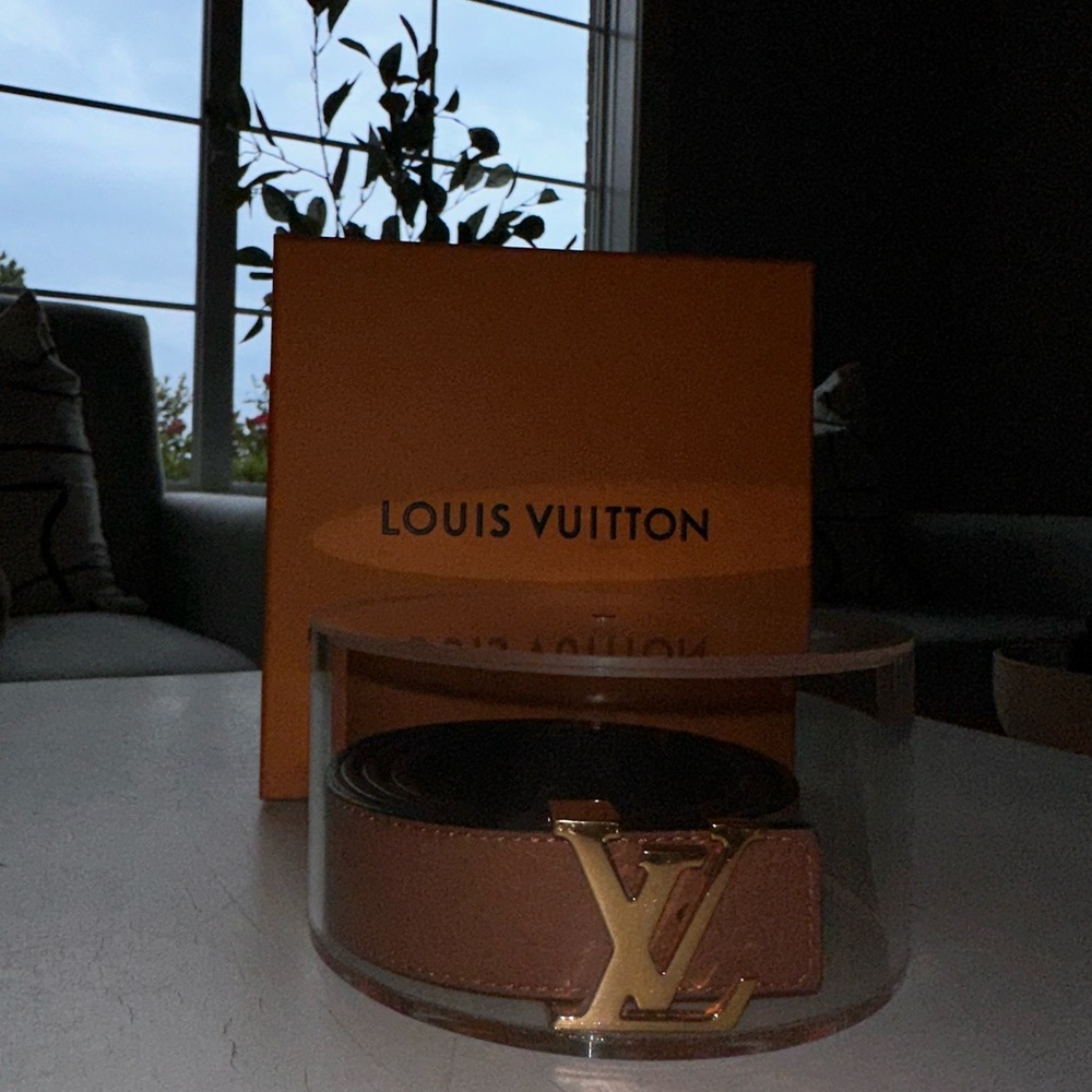 Louis Vuitton reversible Brown/Black Leather Belt; gold monogram buckle
